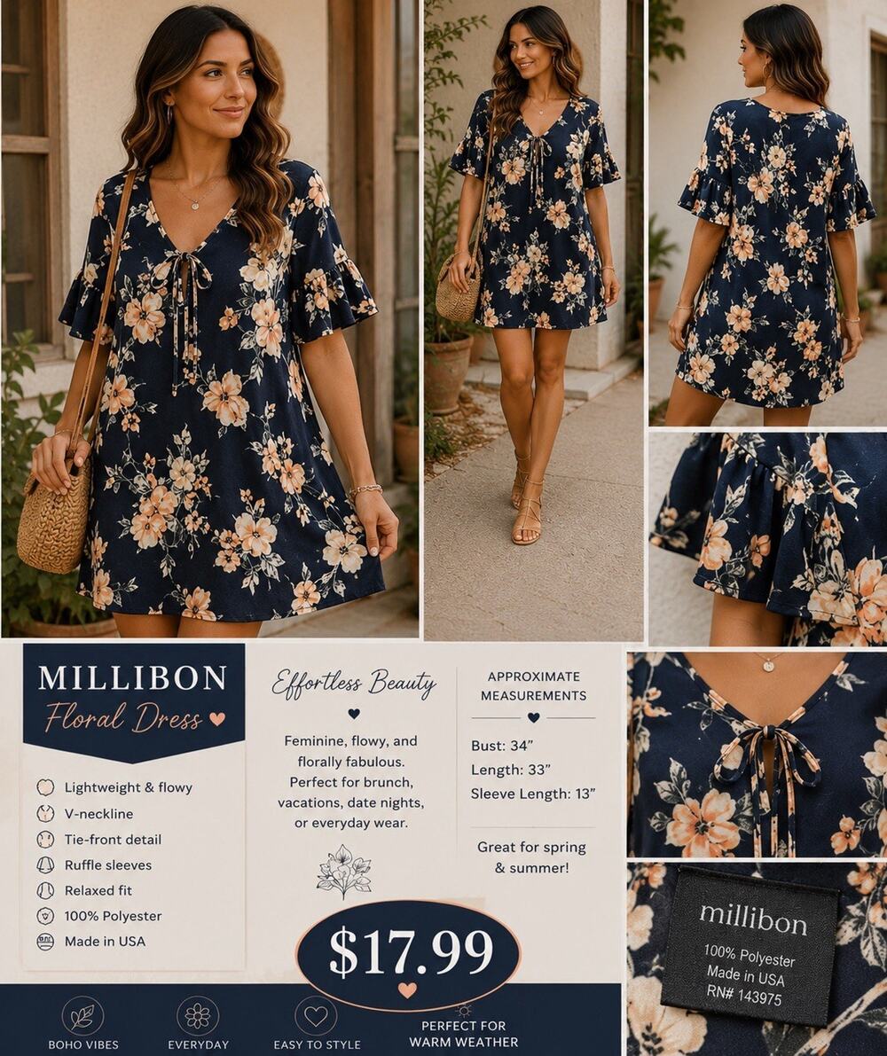 Floral Bell Sleeve V-neck Tie Front Polyester Mini Dress Navy Peach Floral EUC S